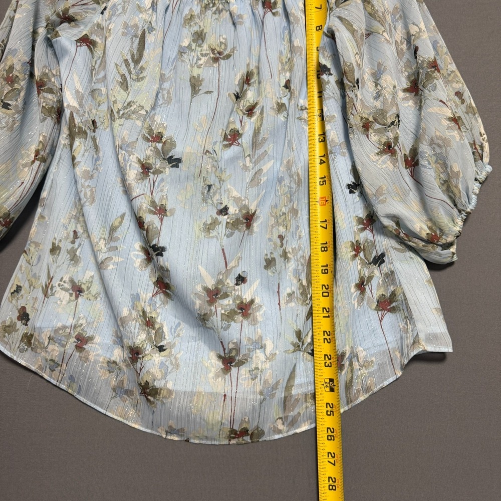 WHBM Cottagecore Off Shoulder Chiffon Floral Blouse M Light Blue Lurex Shimmer - Picture 5 of 11